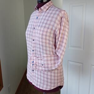 Linen Club Pure Linen Peach Checks Button Up Mens Sm 40cm Contemporary Fit LS